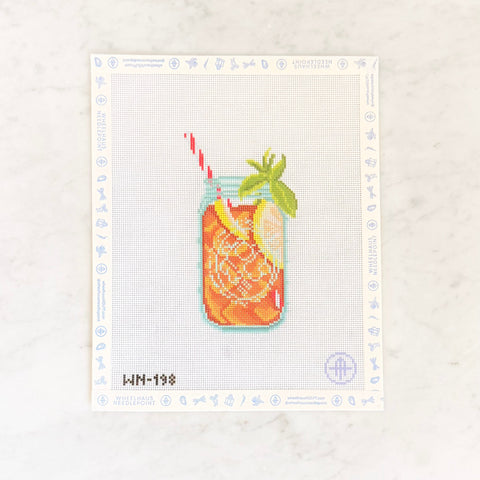 Needlepoint design of a sweet iced tea in a canning jar with a straw on a white background.