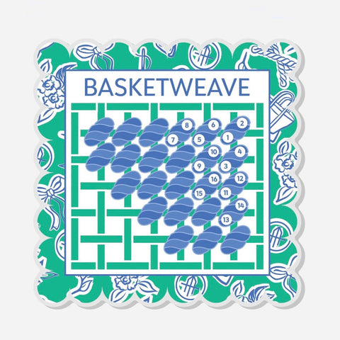 Basketweave pattern design with blue and green colors on a white background
