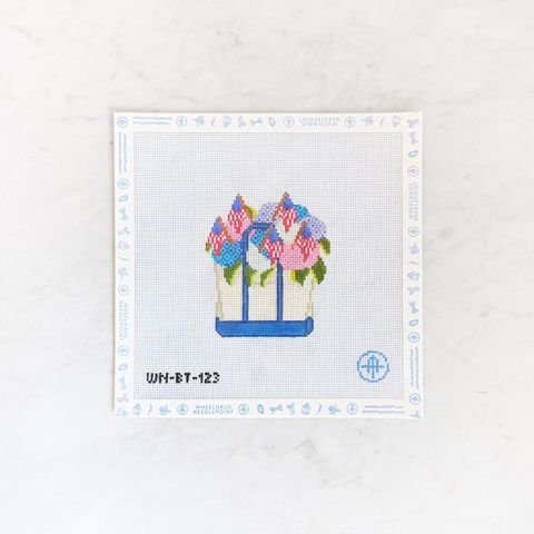 Needlepoint design with multicolored hydrangeas and American flag pendants.