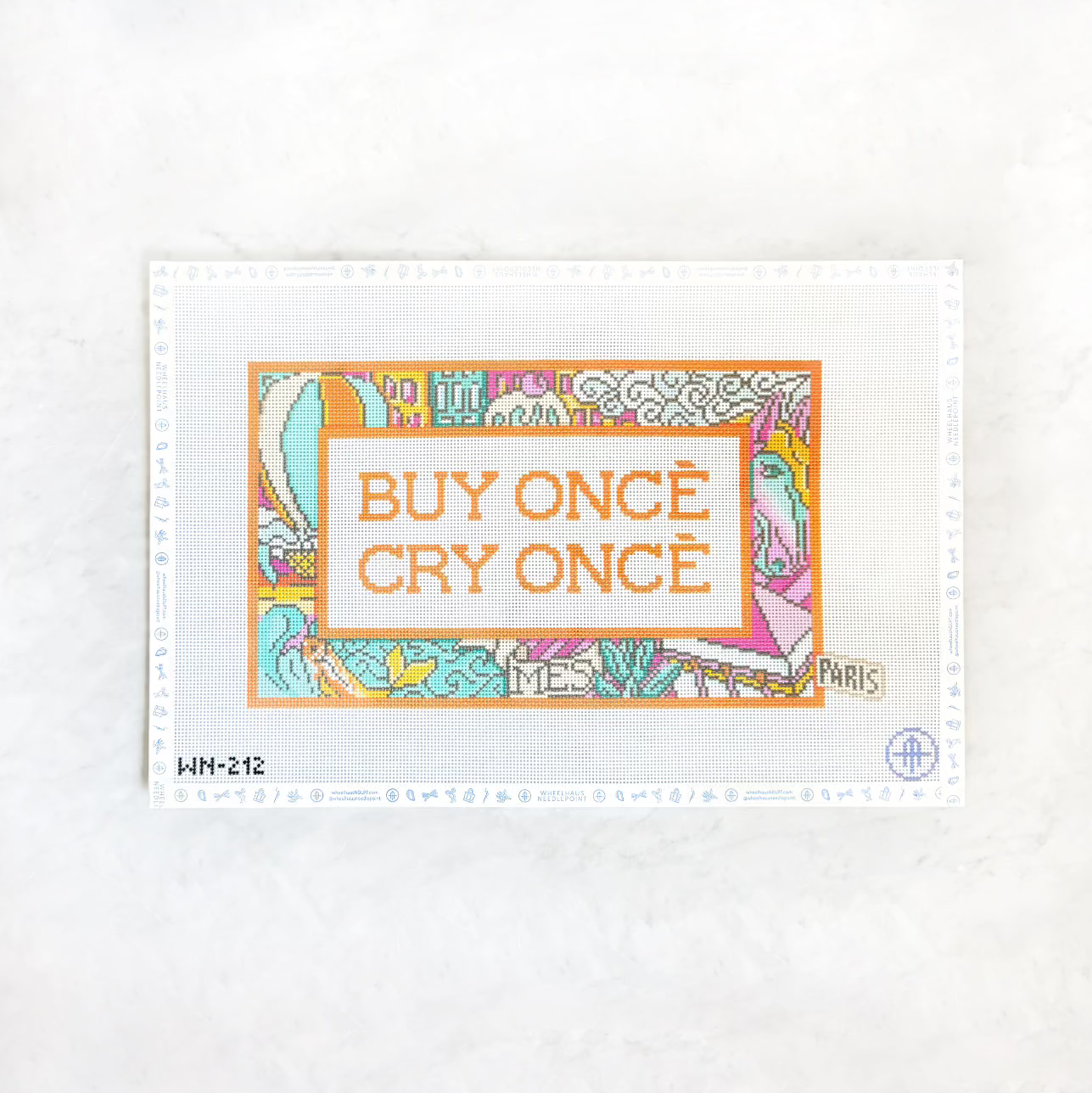 Needlepoint design with wording and decorative print around the boarder