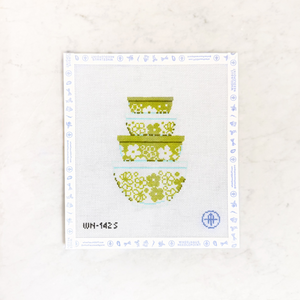 Needlepoint design of stacked Vintage Bowls with green and white flowers.