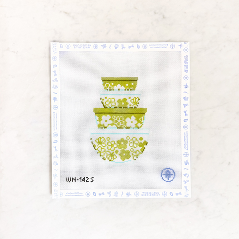Needlepoint design of stacked Vintage Bowls with green and white flowers.