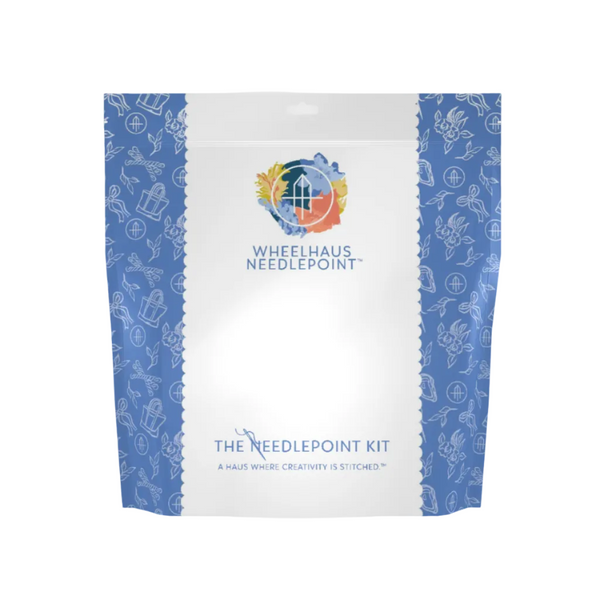 Wheelhaus Needlepoint needlepoint kit packaging with blue and white design